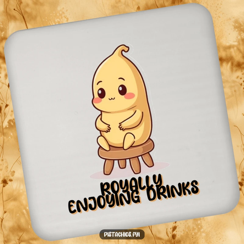 Funny drink coaster featuring a regal Brazil nut character sitting on a stool, adding majestic decor.