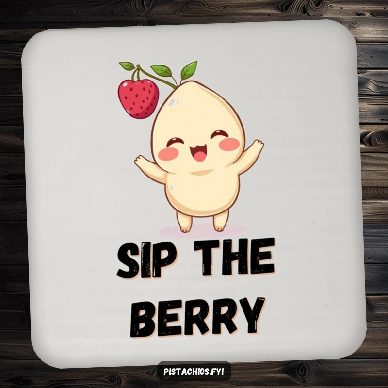 Funny drink coaster featuring a delighted cashew character balancing a berry on its head, protecting surfaces with whimsical charm.