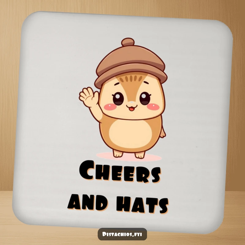 Funny Coaster featuring a cheerful hazelnut character wearing a tiny hat and waving, adding a touch of fun and friendliness.