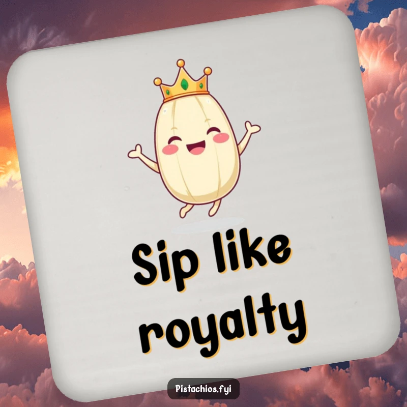 Funny drink coaster with a happy pistachio character wearing a tiny crown, mid-hop, bringing joy to your drinks.