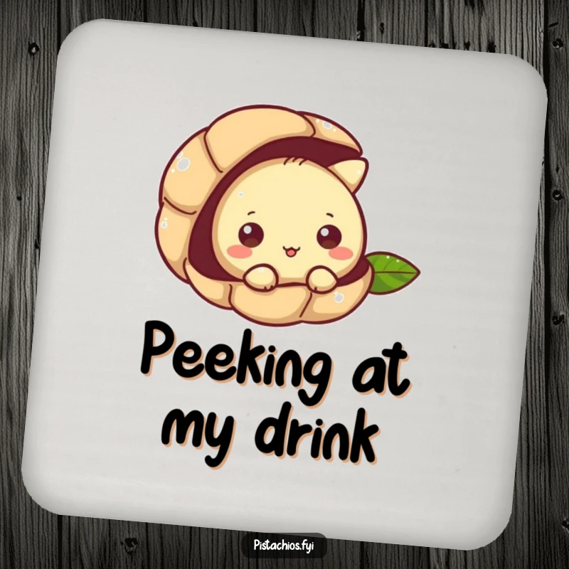 Funny coaster with a pistachio character curiously peeking from its shell, offering protection with nutty charm.