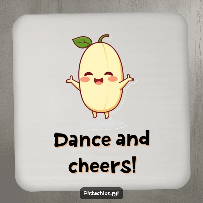 Funny drink coaster with a delighted pistachio character joyfully dancing, protecting surfaces with cheerful, energetic humor.