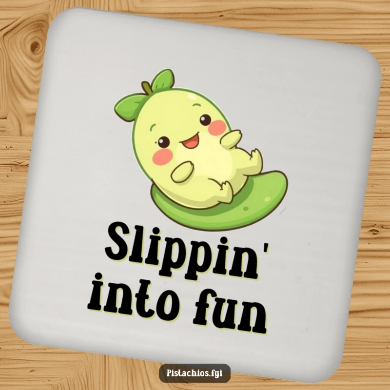 Funny Pistachio Slide Coasters depicting a character sliding gleefully, offering humorous surface protection.