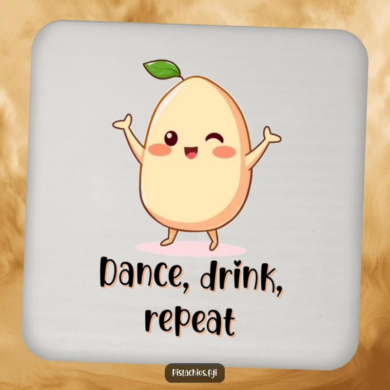 Funny Kawaii Cashew Drink Coaster: A kawaii cashew character doing a happy dance, adding a cute and humorous element to tabletops.