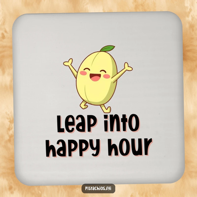Funny coaster with a joyful pistachio character in a leaping pose, offering protection with nutty humor and charm.