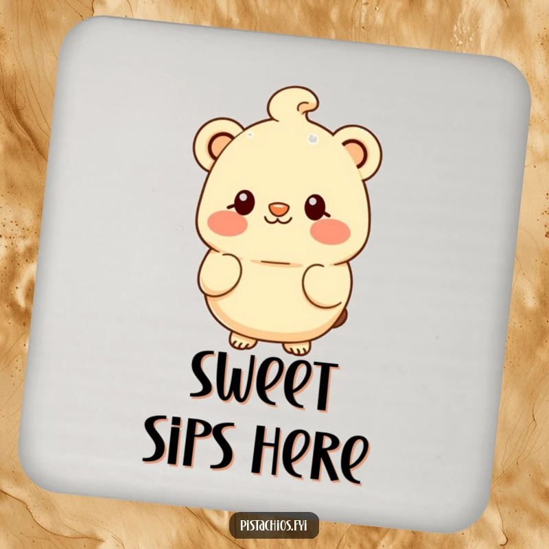 Funny drink coaster featuring a shyly smiling macadamia nut character, adding a touch of sweet decor.