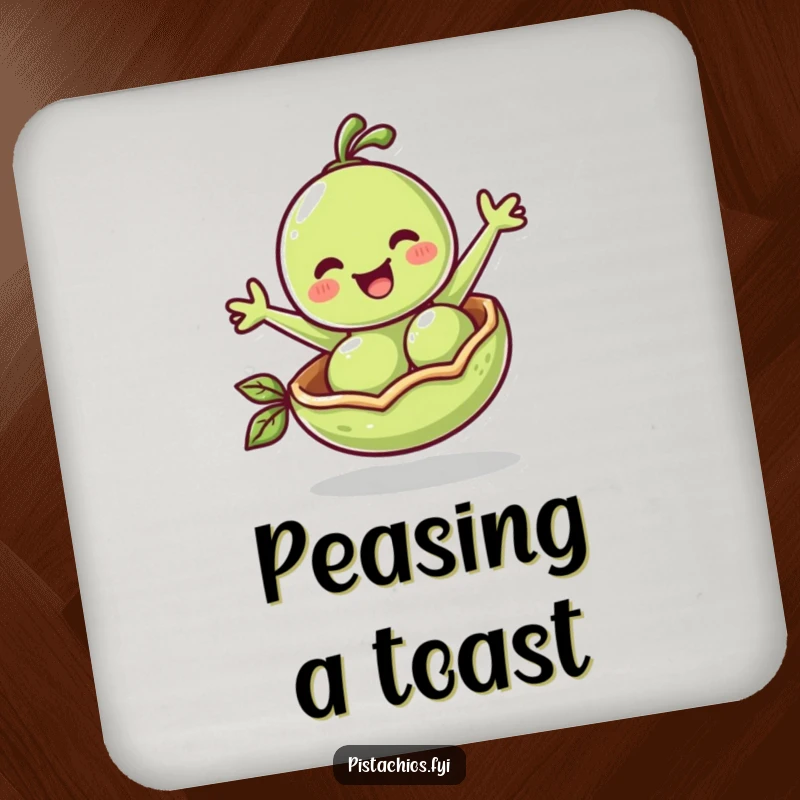 Funny Drink Coaster: A cheerful pea bounces in its pod, a humorous design for surface protection.