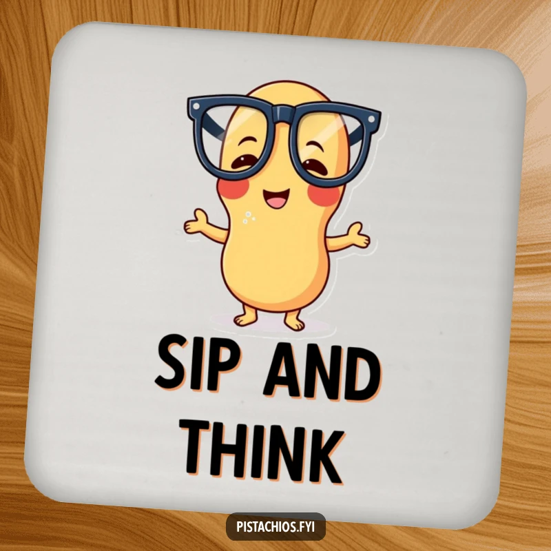 Funny drink coaster featuring a giggling peanut character with oversized glasses doing a silly pose, protecting tables with humor.