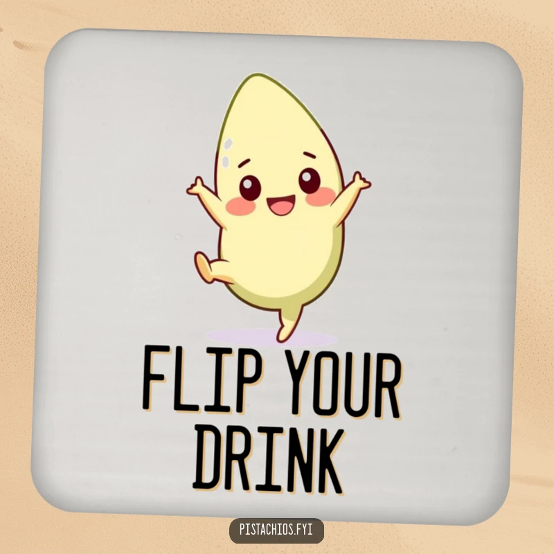 Funny pistachio coaster featuring a cheerful character mid-cartwheel, protecting surfaces with energetic humor. An excellent funny gift.