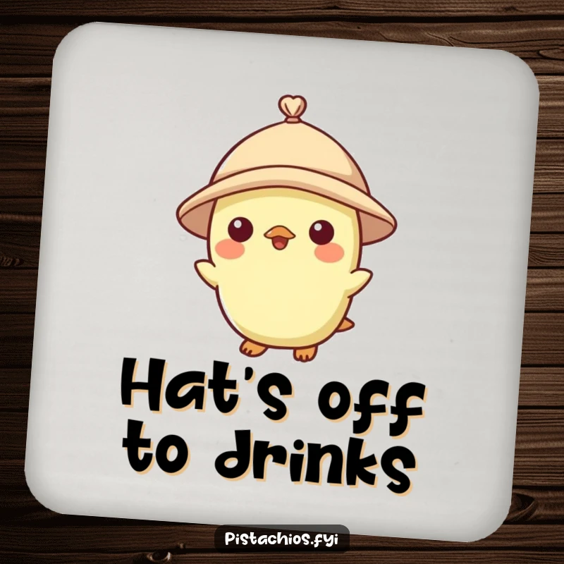 Funny coaster with a pistachio character wearing a tiny hat, offering stylish protection with nutty humor.