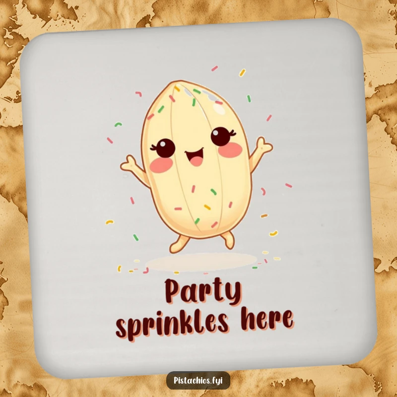 Funny coaster art of a delighted pistachio character dancing with colorful sprinkles, adding cheerful humor to drink service.