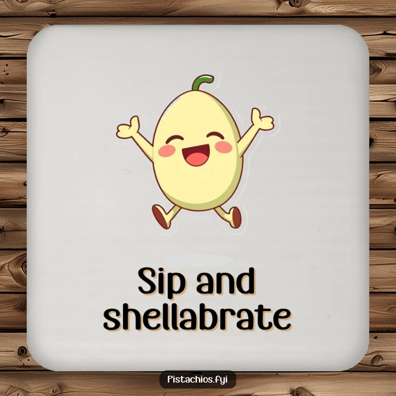 Set of funny drink coasters depicting a happy pistachio character leaping joyfully, protecting tables with nutty flair.
