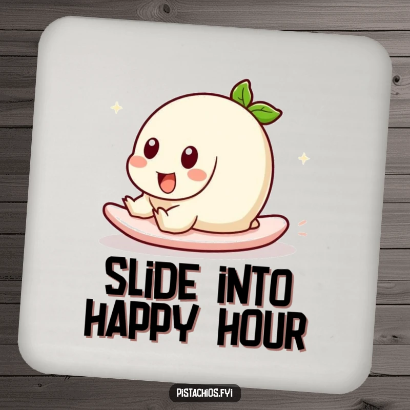Funny drink coaster featuring a pistachio character playfully sliding. This humorous accessory protects surfaces with a display of carefree fun.