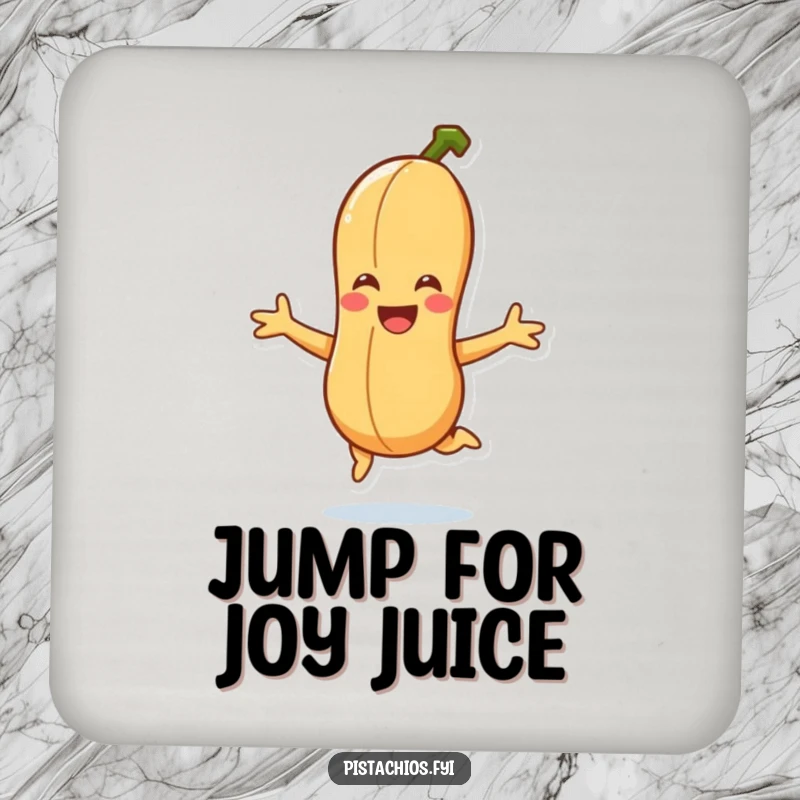 Funny smiling peanut character doing a joyful jump on a drink coaster, providing humorous surface protection with a happy vibe.