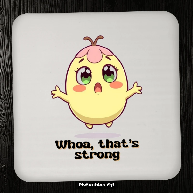 Funny drink coaster featuring a pistachio leaping in surprise, perfect for tabletops with a humorous twist.