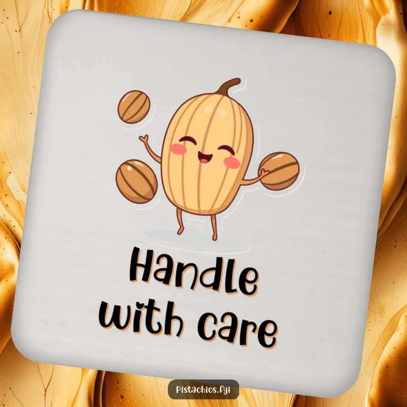 Funny Coaster: Winking walnut character juggling nuts, protecting surfaces with nutty skill and a touch of humorous flair.