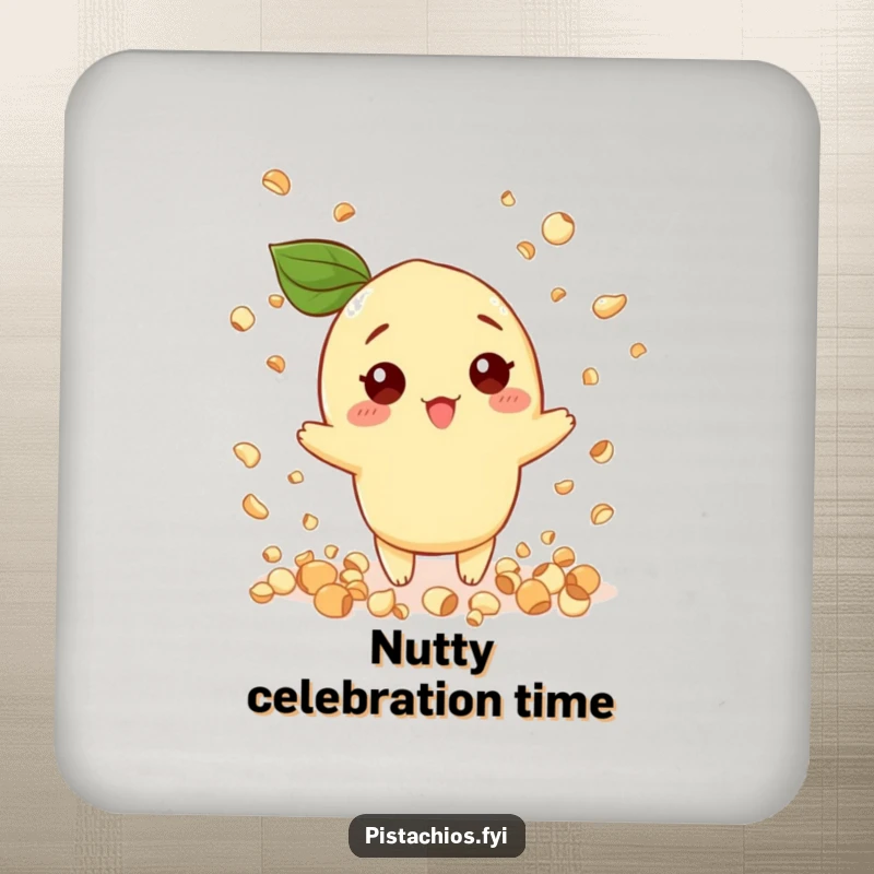 Funny coaster art of a pistachio character throwing confetti shaped like tiny nuts, adding festive humor to drink service.