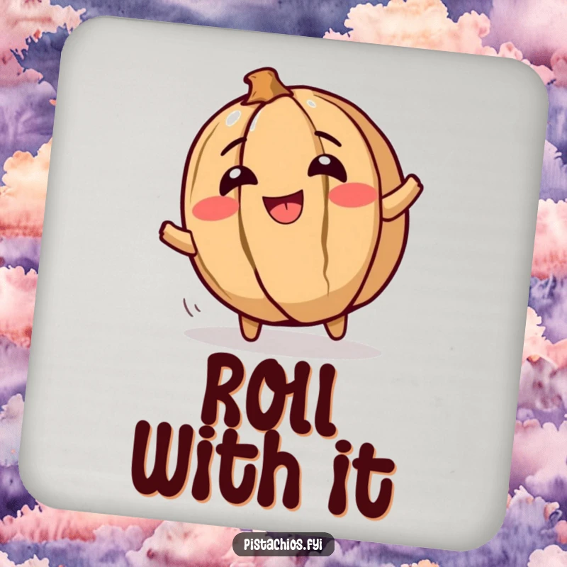 Funny drink coaster featuring a giggling walnut character rolling with glee, protecting surfaces with a dose of nutty humor.