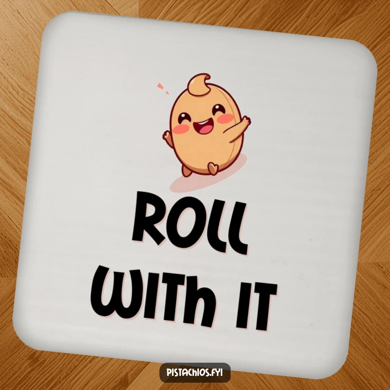 Funny Drink Coaster: A Giggling Hazelnut Character Hilariously Rolling Downhill with Joy.