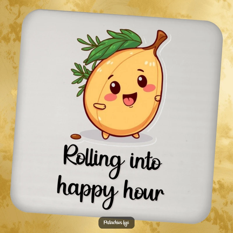 Funny drink coaster featuring a mischievous pine nut character rolling away playfully, adding a touch of fun decor.