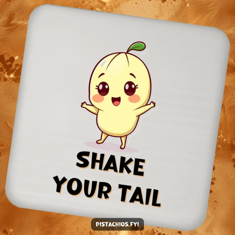 Funny drink coaster with a cheerful pistachio character with wide eyes, enthusiastically performing a fun little dance.