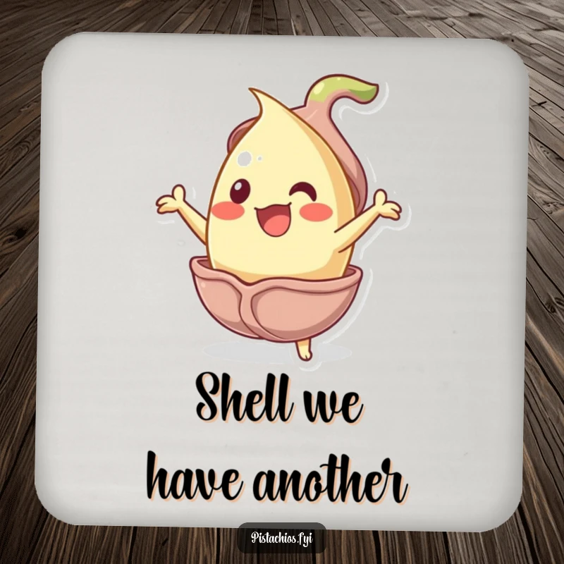 Funny jubilant pistachio nut character bursting from its shell on a drink coaster, providing nutty and humorous surface protection.