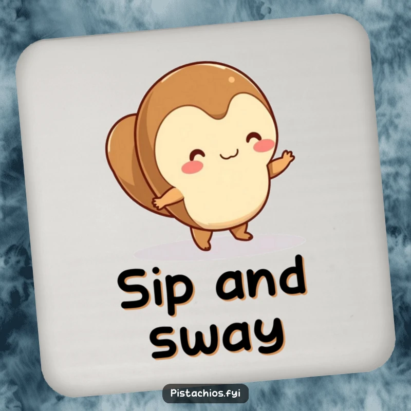 Funny hazelnut character dancing on a smooth surface, protecting surfaces with a cute and humorous drink coaster.