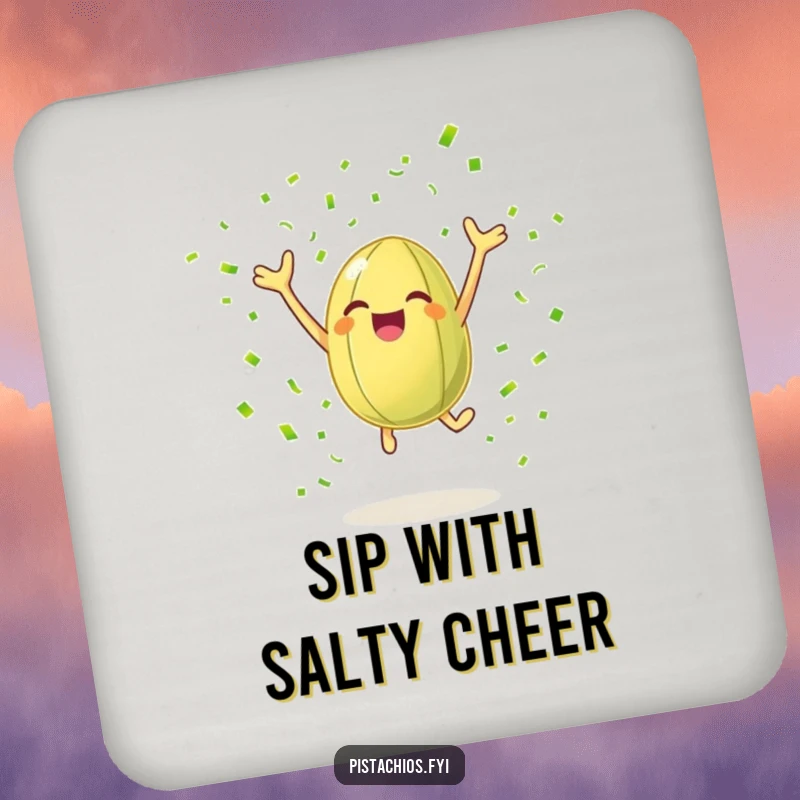 Funny drink coaster with a cheerful pistachio nut leaping with joy surrounded by green confetti, offering a humorous and protective addition.