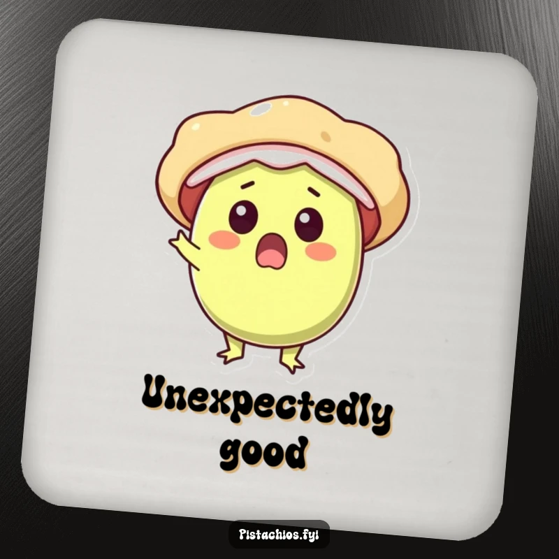 Funny drink coaster with a surprised pistachio character bursting open with pure delight and a happy expression.