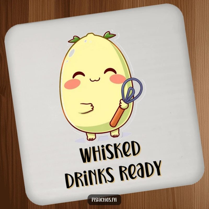Funny, cheerful pistachio character with rosy cheeks and a small whisk featured on a durable drink coaster.
