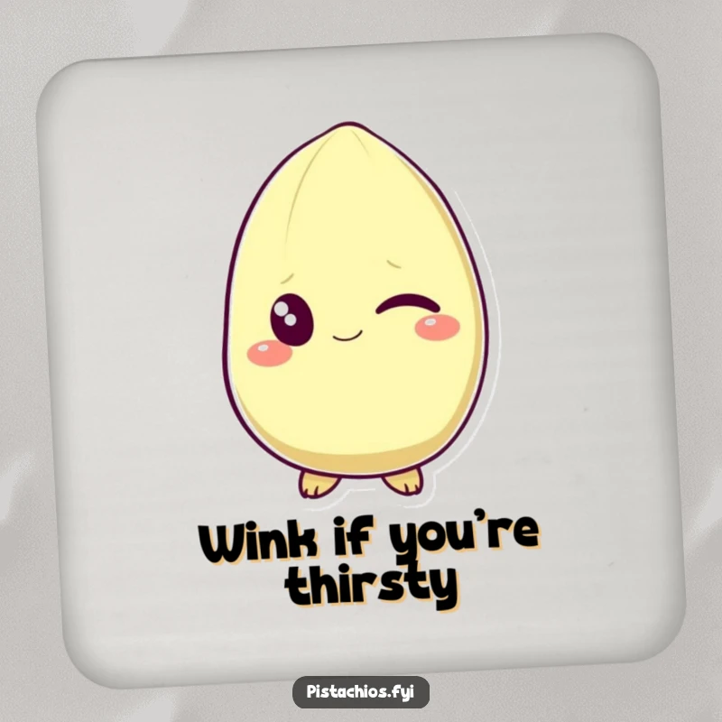Funny drink coaster featuring a pistachio character winking with a grin. This humorous accessory protects surfaces with a display of playful charm.