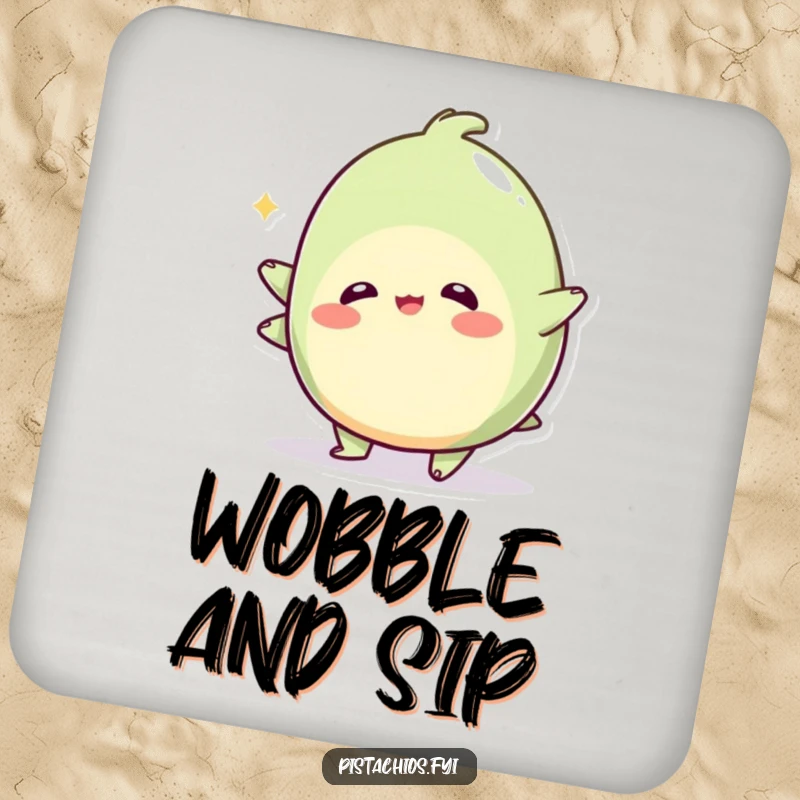 Funny drink coaster with a wobbly pistachio character in a playful wobble, protecting surfaces with humorous instability.