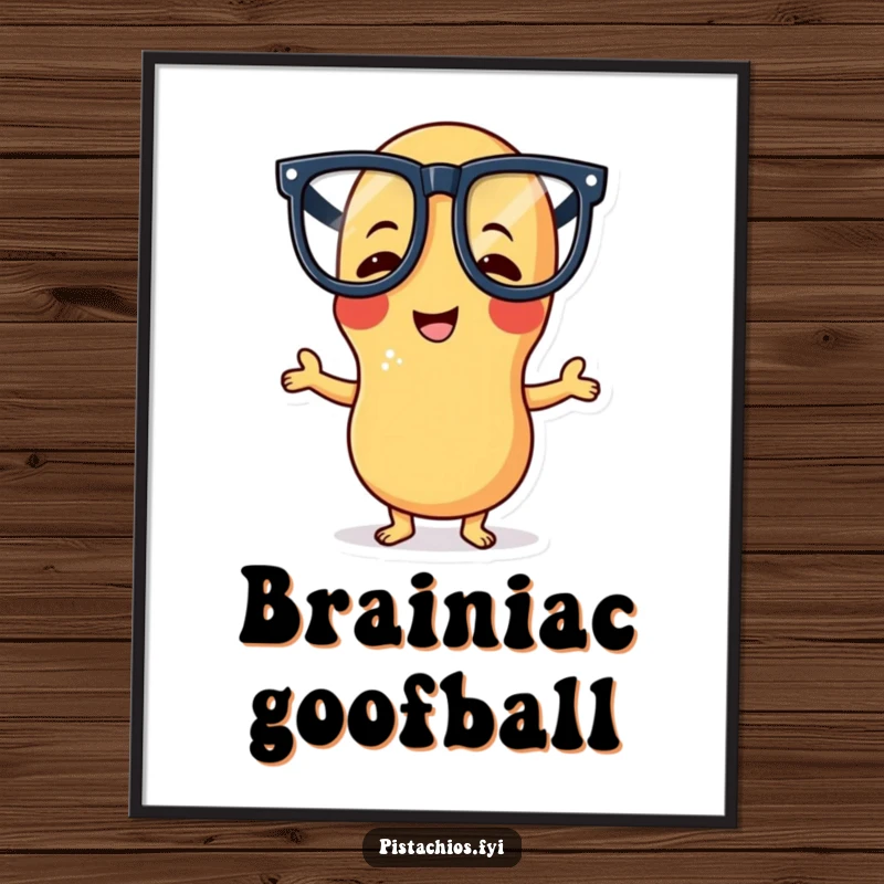 Funny poster displaying a giggling peanut character wearing oversized glasses and striking a comical, silly pose, perfect for humorous wall art.