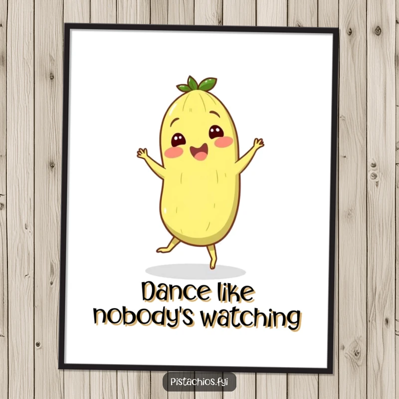 Funny poster art of a cheerful pistachio character performing a silly jig with pure joy, adding a whimsical touch to decor.