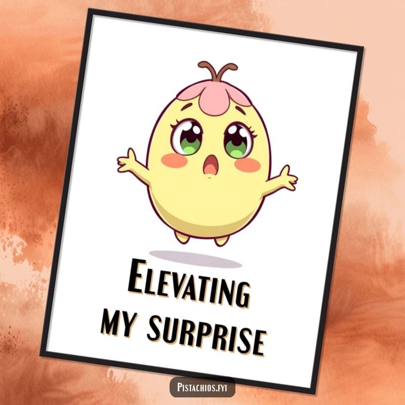 Funny poster of a pistachio character leaping upwards in surprise, perfect for adding a humorous element to wall art.