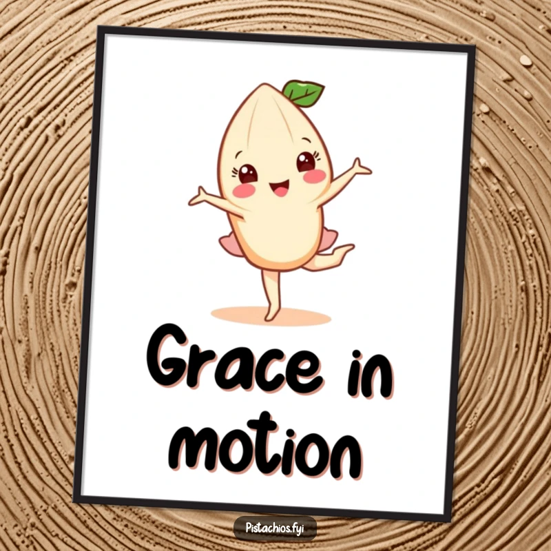 Funny poster depicting a happy almond character in a flawless pirouette, capturing the essence of nutty grace and artistic movement.