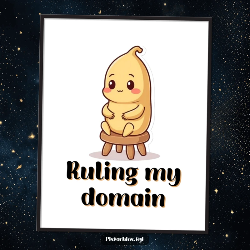 Funny poster artwork of a contented Brazil nut character sitting regally on a stool, exuding majestic and peaceful energy.