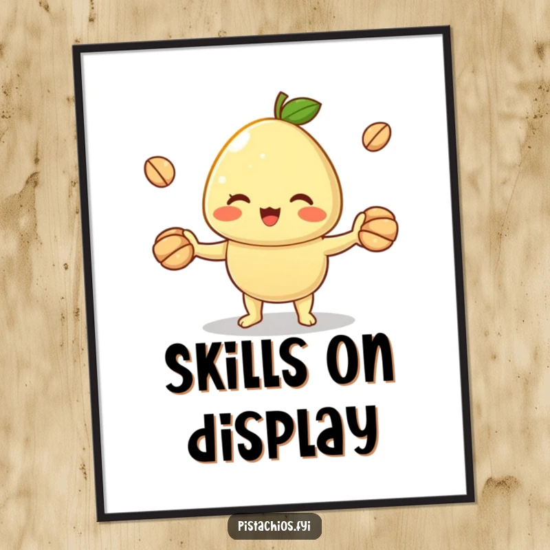 Funny poster art featuring a cheerful pistachio character juggling shells with impressive skill. This humorous artwork adds a dynamic and amusing element.