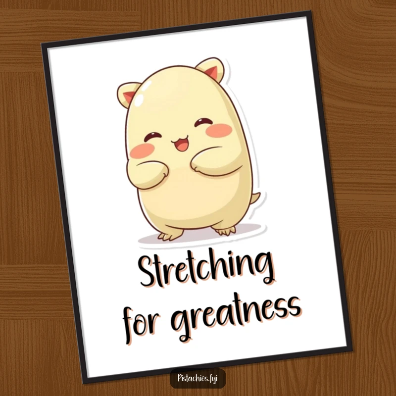 Funny poster illustration of a chubby pistachio character in a whimsical, silly stretch, adding playful and humorous decor.
