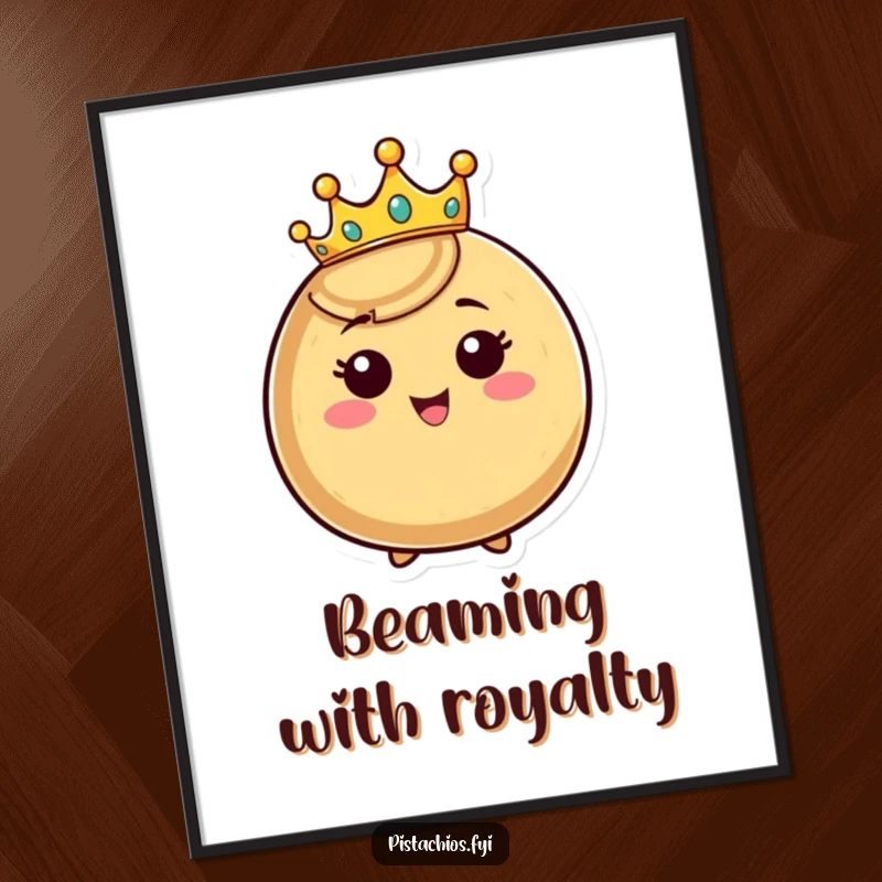 Funny crowned nut poster, happy nut character wearing a tiny crown and beaming, majestic and humorous wall art.