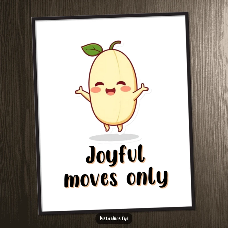 Funny poster illustration of a delighted pistachio character performing a happy dance, creating an energetic and joyful visual.