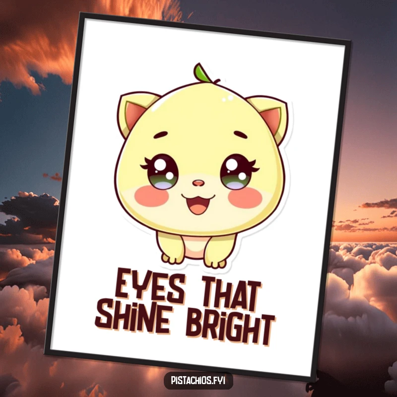 Funny poster of a delighted pistachio character with sparkling eyes, bringing radiant joy and nutty charm to decor.