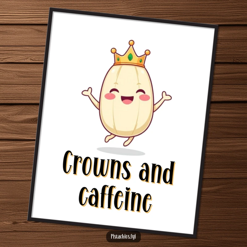 Funny poster showcases a jubilant pistachio character in a tiny crown, captured in a dynamic, joyful hopping pose.