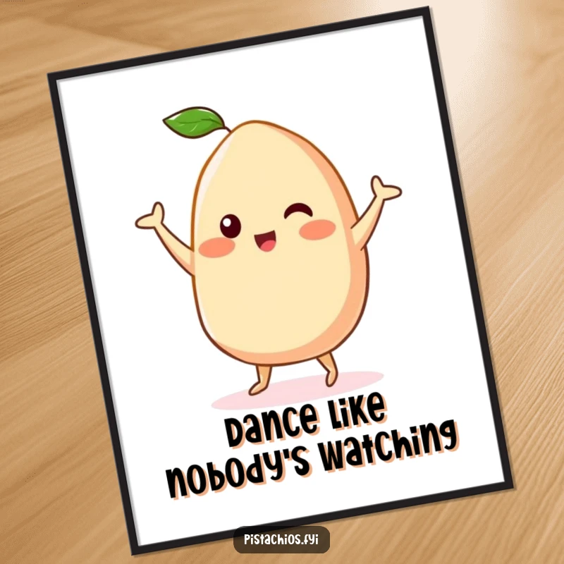 Funny Kawaii Cashew Poster: A cute kawaii cashew character in a dynamic happy dance, adding a burst of fun and color to any room.