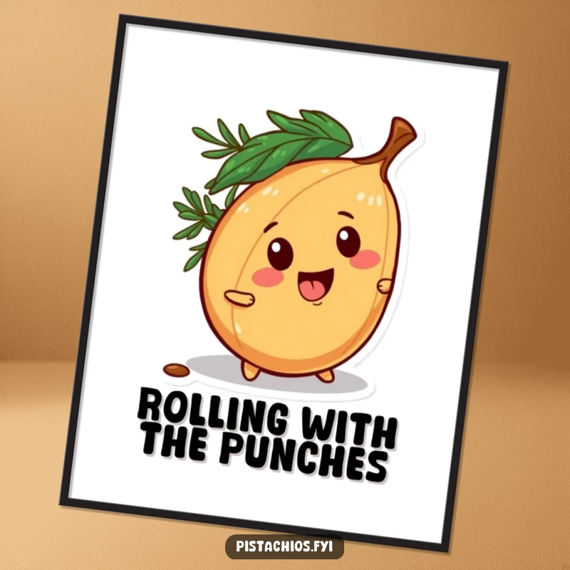 Funny poster artwork of a mischievous pine nut character playfully rolling away, conveying a sense of energetic fun.