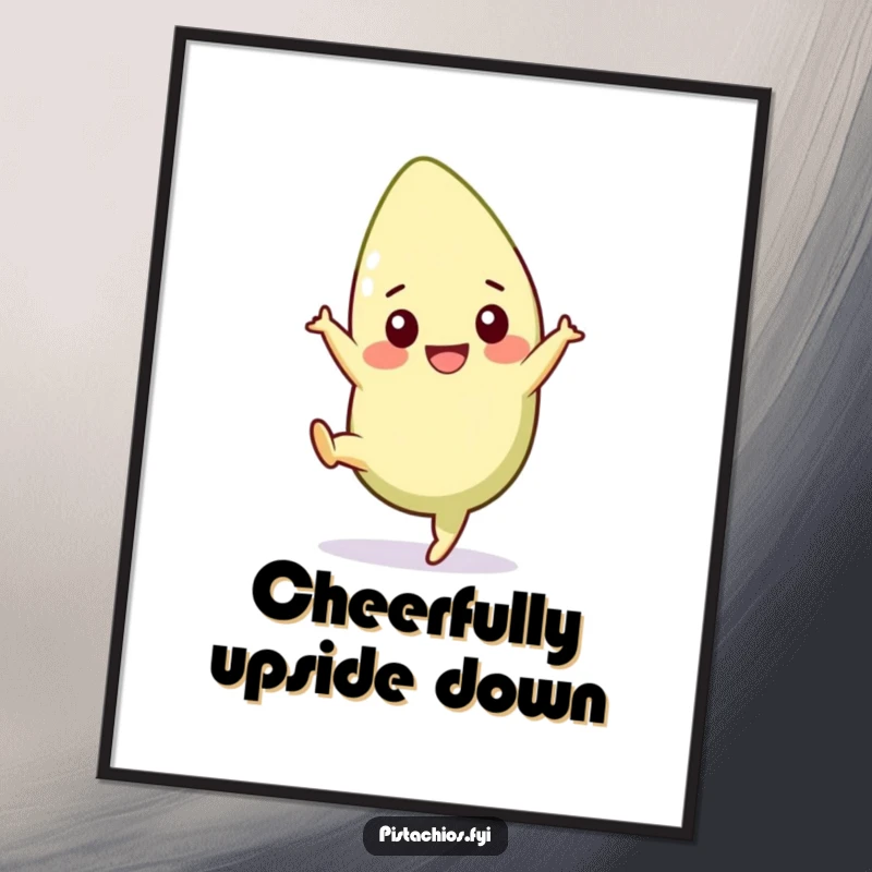 Funny pistachio poster showcasing a cheerful character in a dynamic cartwheel pose, adding energetic whimsy to any decor. Excellent funny gift.