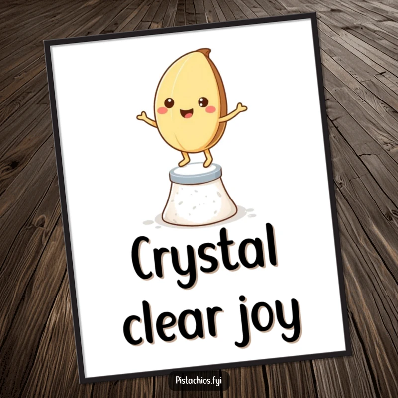 Funny poster art: a smiling pistachio nut dancing on a salt crystal pedestal, bringing humor to walls.