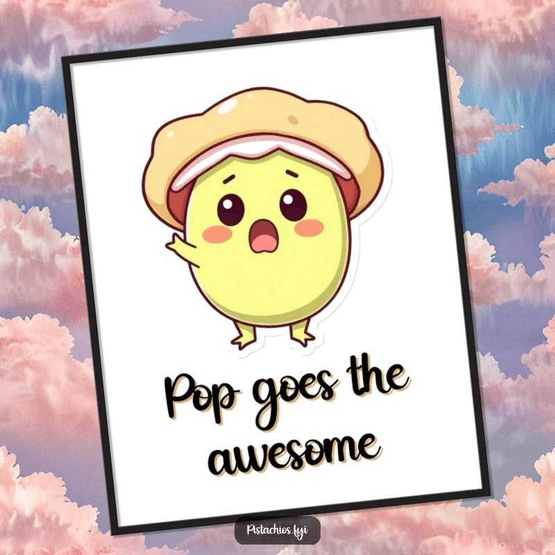 Funny poster illustration of a surprised pistachio character bursting open with pure delight and a joyful, ecstatic expression.