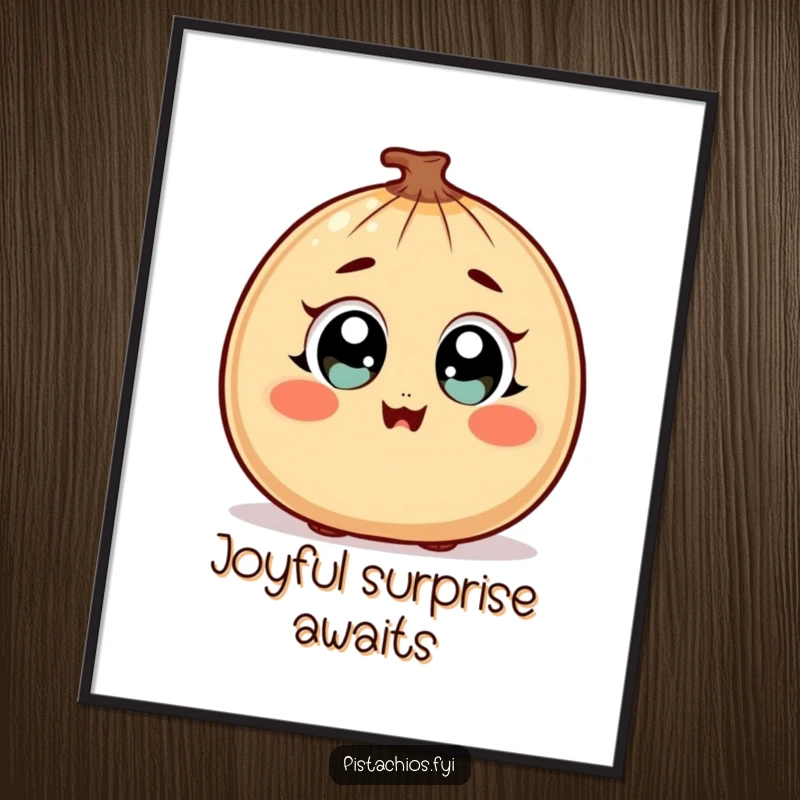 Funny Poster of a surprised nut character with wide, happy eyes and a slight blush, adding humorous wonder to decor.