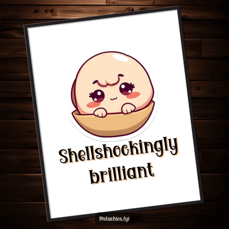 Funny Pistachio Shell Poster showing a mischievous character winking from its shell, adding humorous wall decor.